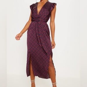 Navy geo satin frill shoulder dress